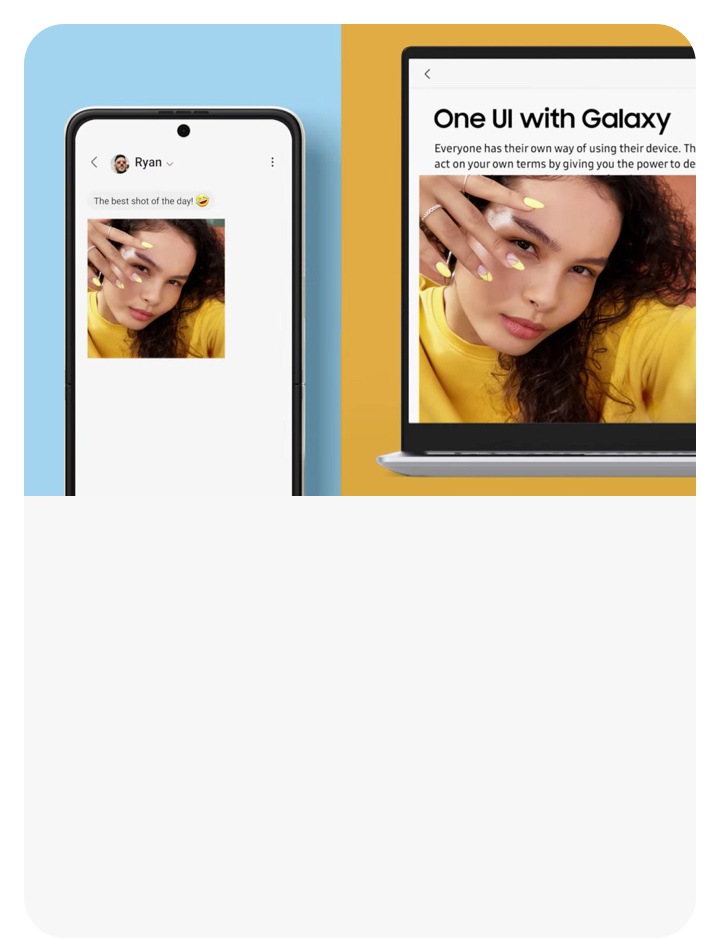 A Galaxy S22 and GalaxyBook next to each other featuring the same selfie portrait of a woman.