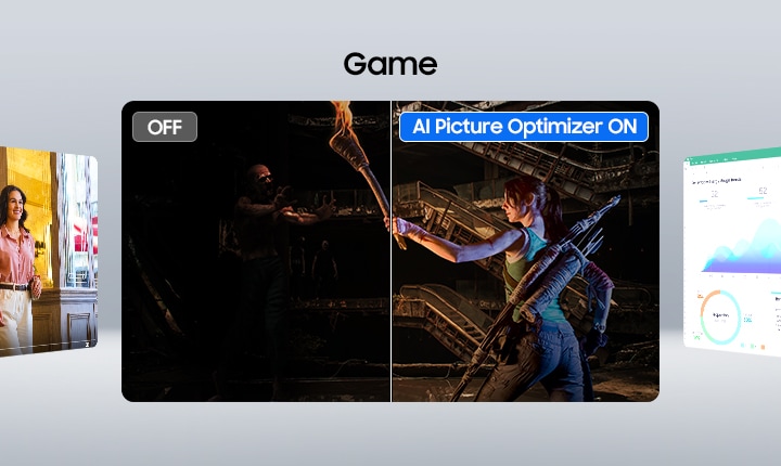 Screen divided in half. Half of the game scene, document, and video is dark and blurry with AI Picture Optimiser OFF, and the other half is clear with AI Picture Optimiser ON.