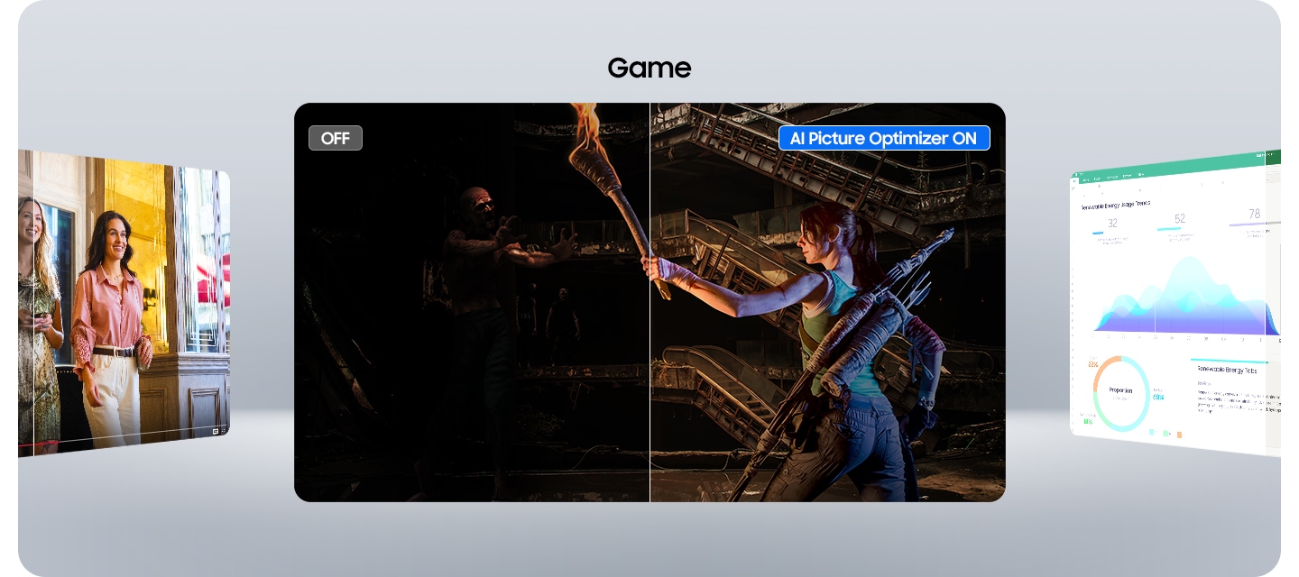 Screen divided in half. Half of the game scene, document, and video is dark and blurry with AI Picture Optimiser OFF, and the other half is clear with AI Picture Optimiser ON.