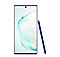 Front-facing view of a Galaxy Note10 with a blue S Pen leaning against its right side