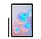 Front-facing shot of an upright Galaxy Tab S6 with an S Pen leaning on the side of it, there is a colourful wallpaper comprised of bubbles on the screen
