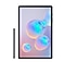 Black Samsung Galaxy Tab S6 with a grey S Pen standing vertically to its left