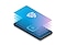 A black Galaxy phone laid flat with a blue Samsung Knox shield icon radiating from its display