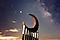Sculpture of a moon, supported by columns against a starry night sky during sunset