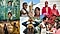 A collage of two couples re-creating various moments in their real love stories. First, a woman and man peeking their faces out from a plant-printed shower curtain. Second, a woman and man taking a selfie at a sculpture garden with their mouths ajar. She is holding an ice cream cone up to the camera while a rock in the background appears to be sitting on top of the cone in the foreground. Third, a man and woman stand, side by side in front of a house. They are both dressed in red and wearing sunglasses and red hair scarves. Fourth, a woman and man strike a dancing pose in front of a fence lined with lit-up string lights. Fifth, a man stands behind a woman in front of a tree-lined backdrop. They are both holding apples up to their eyes like binoculars. And the last, man and woman look at each other in front of a flower bush outdoors. The man is holding a spoon while the woman is holding a fork in one hand and a plate of fruit-topped waffles in the other hand.