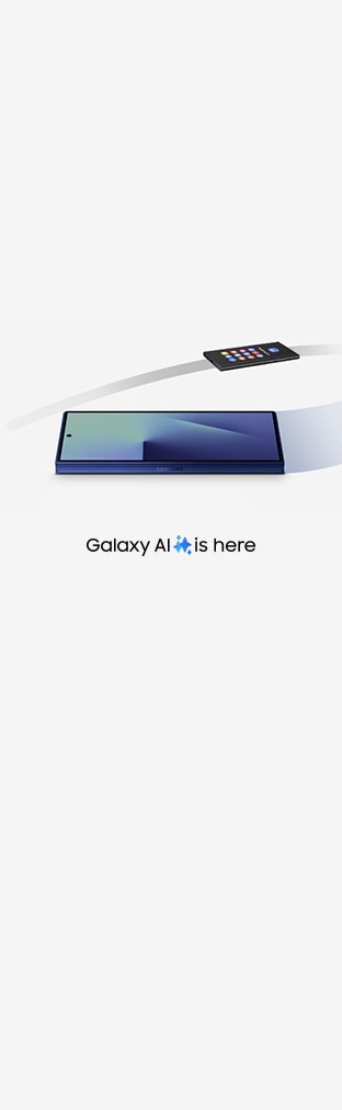 The image showcases a sleek Samsung Galaxy smartphone with a dark blue body and a vibrant gradient screen. Above it, a smaller device hovers, displaying colourful app icons.
