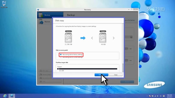 Select Recovering disk to factory settings and click Disk copy