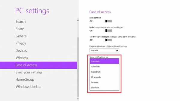 You can adjust the display time from Show notifications for