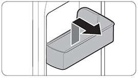 To remove a door guard, hold the front sides of the bin and gently lift up to remove