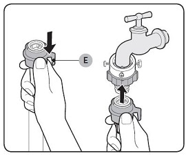 While holding down part (E), connect the water hose to the adaptor. Then, release part (E). The hose fits into the adaptor with a clicking sound