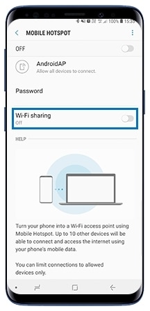 Ensure Wi-Fi sharing is switched on in Mobile Hotspot