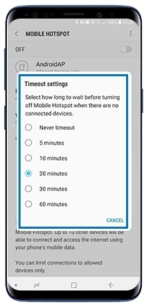 Select Timeout Settings to switch off Mobile Hotspot within a certain timeframe
