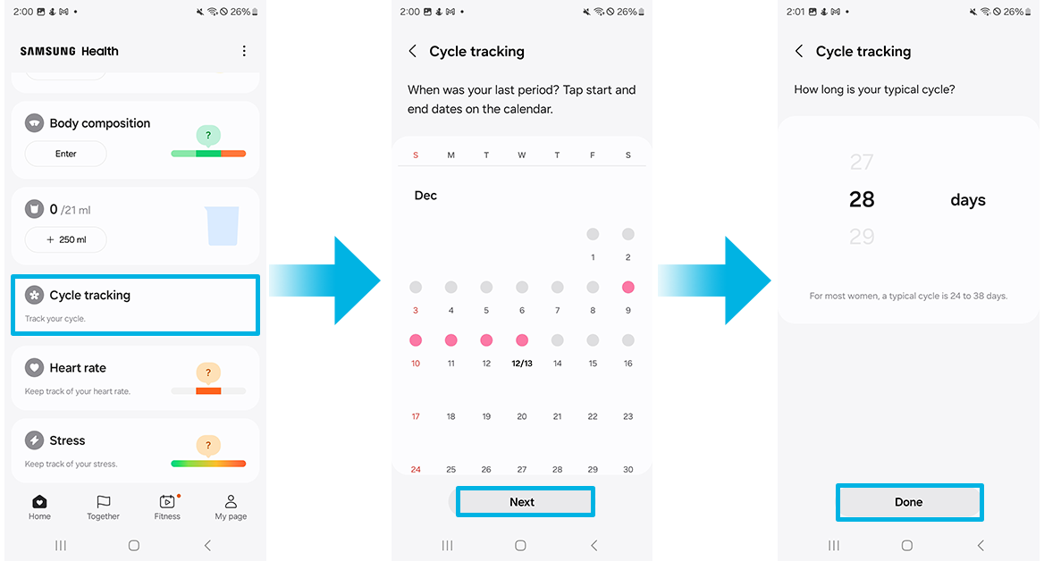 Steps to register info on your period