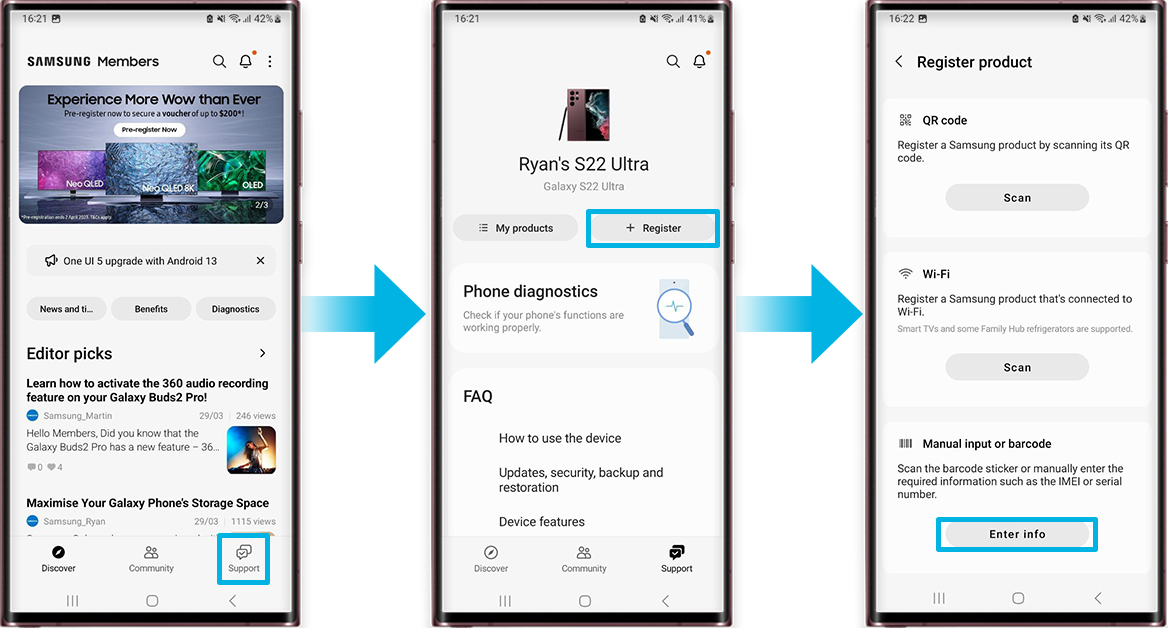 Register product on samsung members by entering info