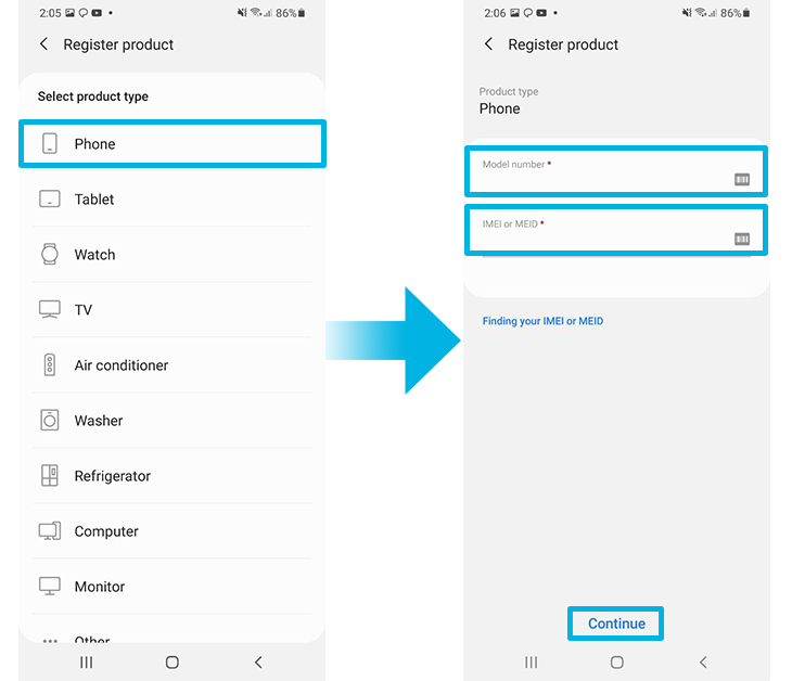select product type and enter imei