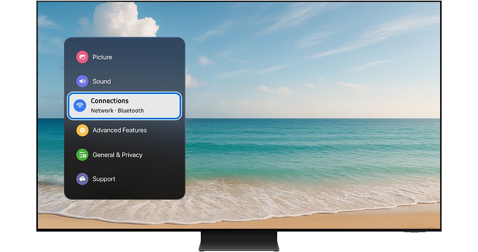 TV menu with Connections button highlighted.