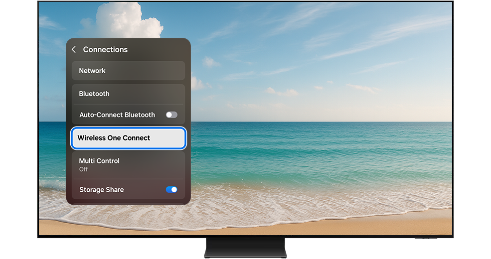 TV menu with Wireless One Connect button highlighted.
