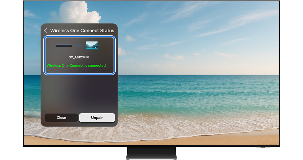 The Wireless One Connect Status menu with message “Wireless One Connect is connected” Is highlighted.