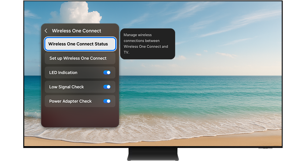 Wireless One Connect Status menu highlighted on the TV screen.