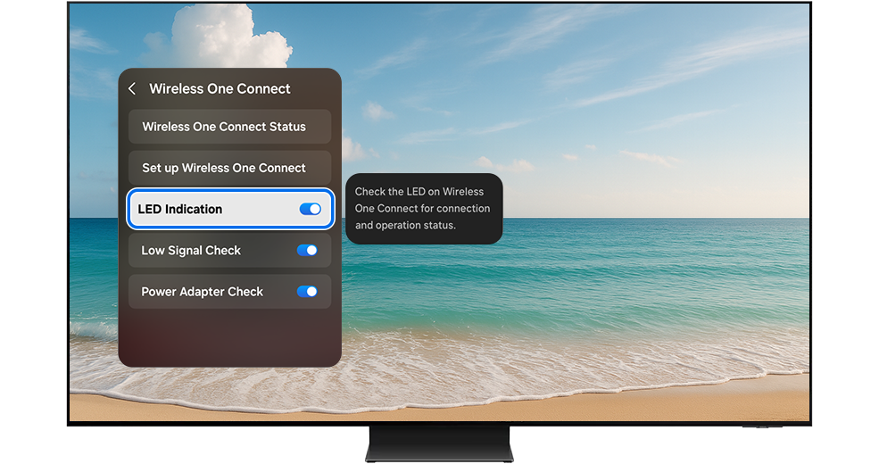 LED Indication menu highlighted on the TV screen.