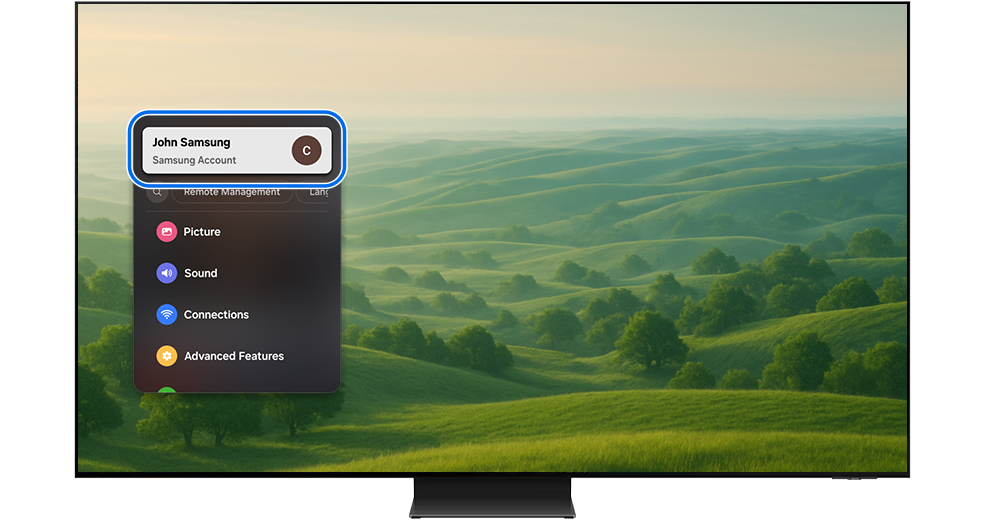 Samsung account menu highlighted on a smart TV.