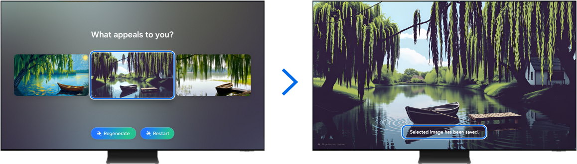 The left TV screen shows three background image options and the right TV screen has the selected image in full screen with a message confirming that the background is saved.