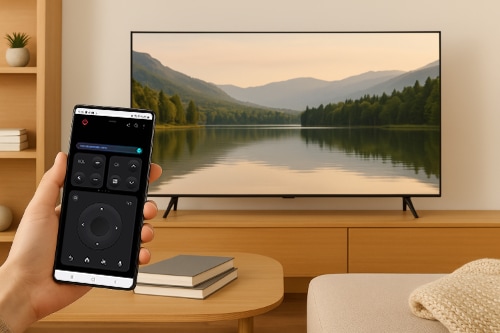 A person using a smartphone as a mobile remote to control a Samsung Smart TV