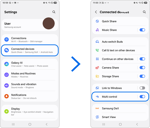 Samsung mobile device displaying the Settings menu with 'Connections' then 'Multi Control' options selected.