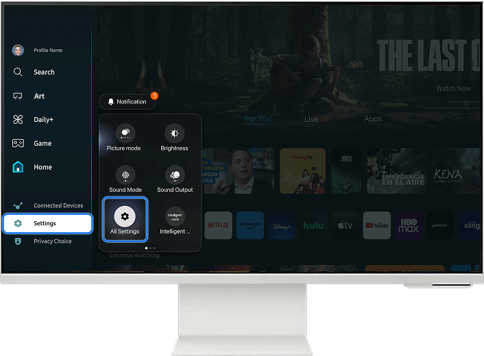 Samsung Smart Monitor displaying All Settings menu selected.