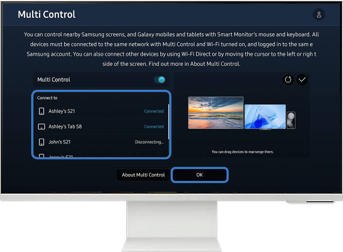 Multi Control page on a TV with a list of connected devices on the left
