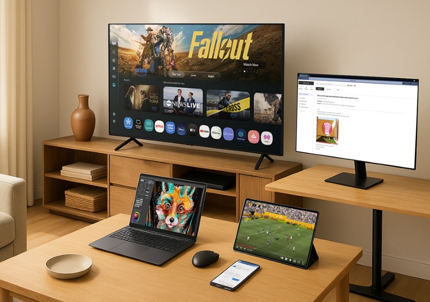 Various Samsung devices displayed in a living room, demonstrating connection through the Multi Control feature.