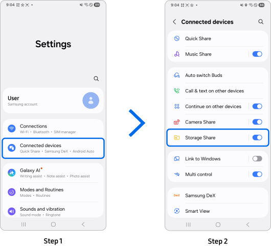 Mobile device's Settings menu is open. Turn on Storage Share in the Connected devices menu.