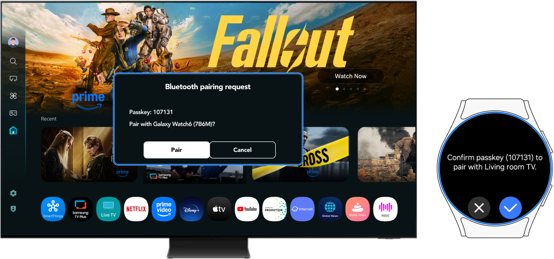 Bluetooth Pairing request pop-up on a TV and Galaxy watch