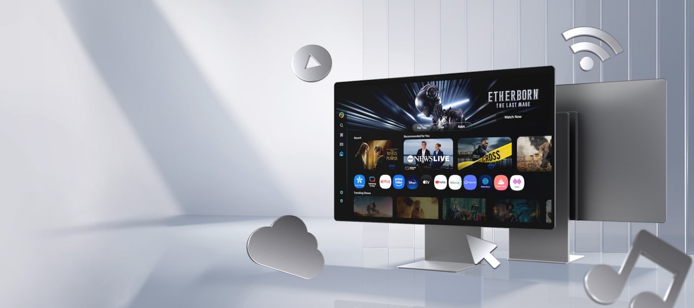 A blank TV sits alone. A vivid blue abstract landscape appears on screen. The TV suddenly moves to occupy a central position surrounded by four other TV models. Text below reads Samsung Vision AI is here. QLED, Neo QLED, Neo QLED 8K, OLED, and The Frame.