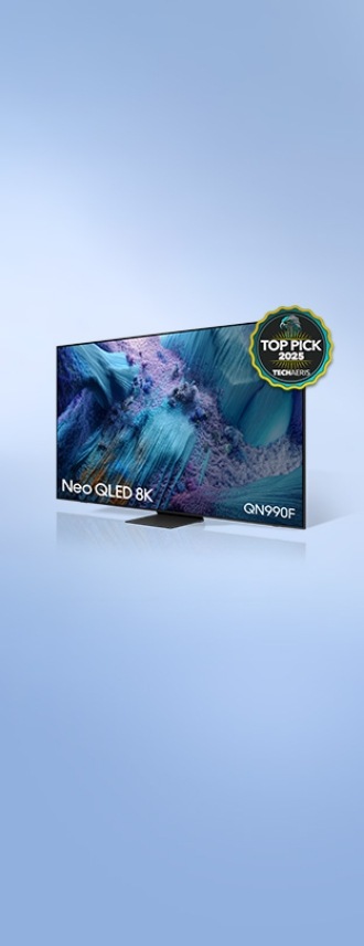 Neo QLED 8K QN990F. TOP PICK 2025 TECHAERIS logo. QN990F awarded Techaeris Top Pick, April 2025.