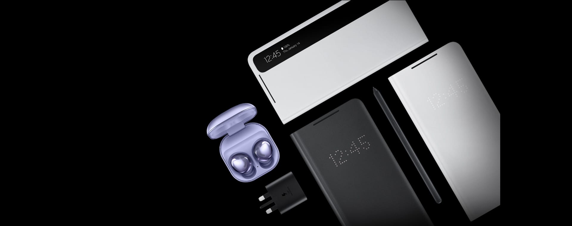 Smart LED View ovitek v črni barvi, Galaxy Buds Pro brezžične slušalke v fantomsko vijolični barvi, S Pen pisalo, Smart Clear View ovitek v svetlo sivi barvi in Smart LED View ovitek v svetlo sivi barvi, vse v ležečem položaju.