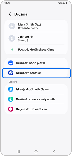 Družinske zahteve, označene na družinskem zaslonu.