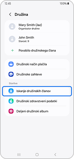 družinski zaslon z izbranim Najdi družinske člane
