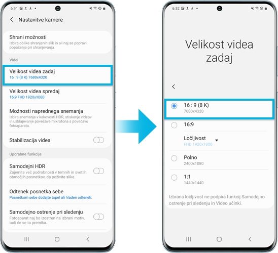 slika aktivacije  videonačina 8K na Galaxy S20
