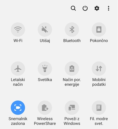 Meni za prikazovanje slik na hitri plošči za izbiro funkcije snemalnika zaslona
