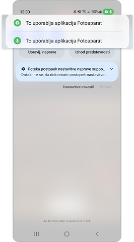 Tapnite zeleno ikono, da si ogledate aplikacije, ki uporabljajo kamero in mikrofon