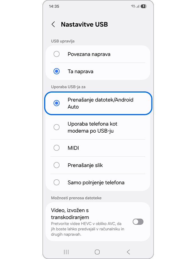 Izbira funkcije Prenašanje datotek