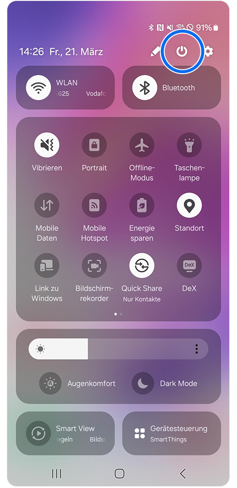Das Ein/Aus-Symbol ist in den Schnelleinstellungen markiert.