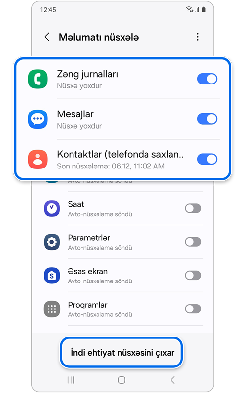 Məlumatı nüsxələ ekranı