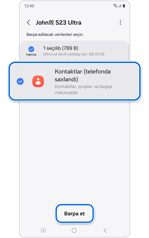 Hansı məlumatların bərpa oluna biləcəyini göstərən ekran
