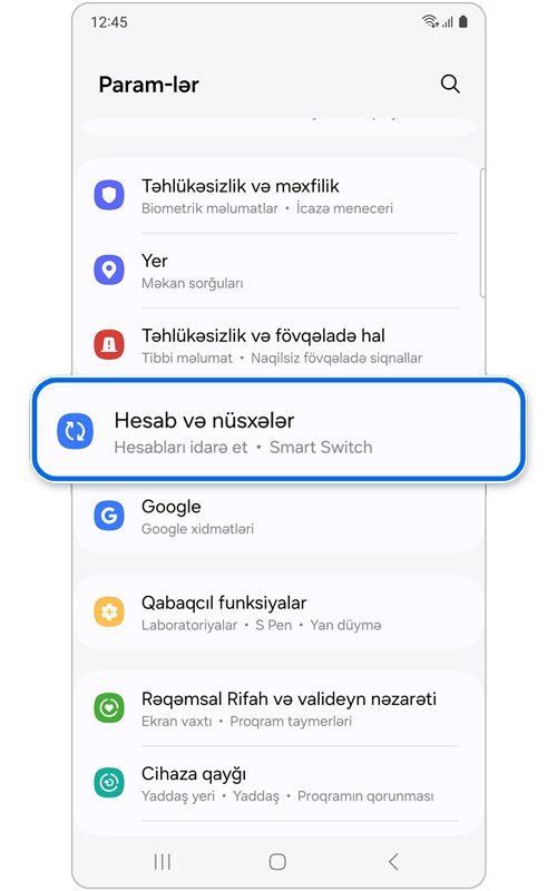 Parametrlər əsas ekranı