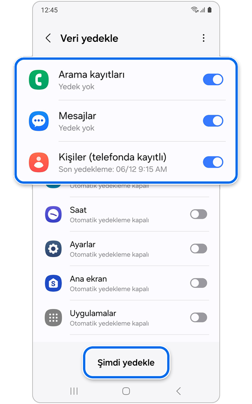 Veri yedekleme ekranı