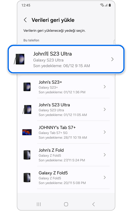 Farklı cihazlardan en son yedeklemeleri gösteren ekran