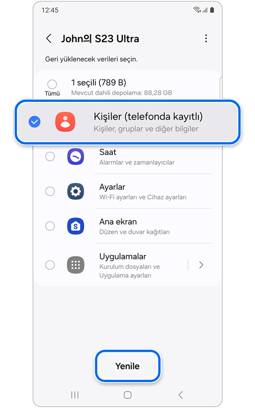 Ekranda hangi verilerin geri yüklenebileceğini gösteren ekran