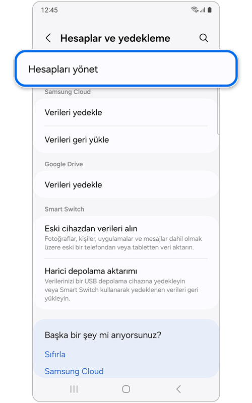 Hesaplar ve yedekleme ekranı